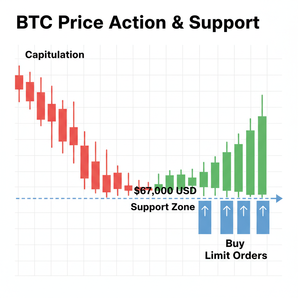 bitcoin price chart highlighting $67k support zones and buy limit orders, red capitulation candles turning green
