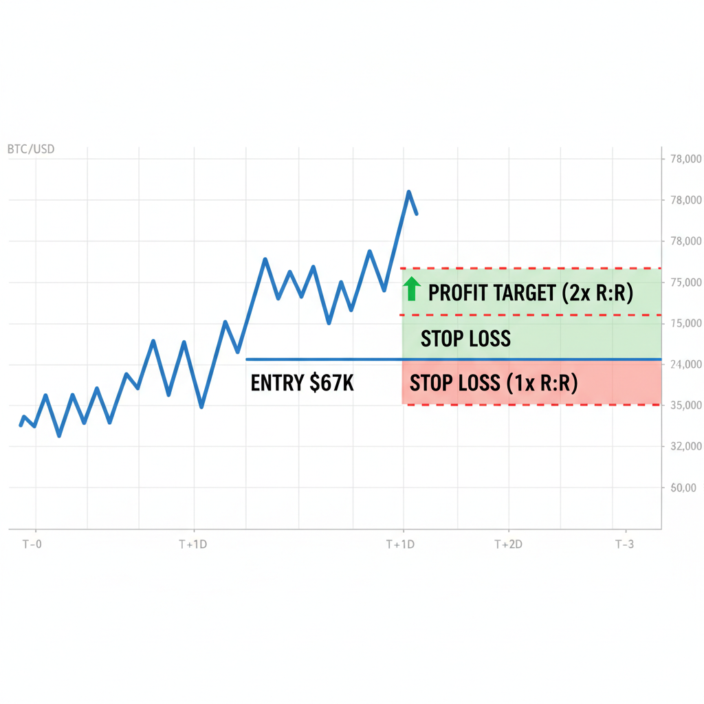 bitcoin trading chart with 2x risk-reward exit lines from $67k entry, profit target marked