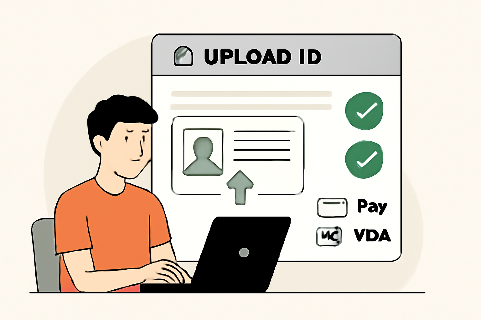 A user uploading ID documents on a secure website, with verification checkmarks and funding options displayed