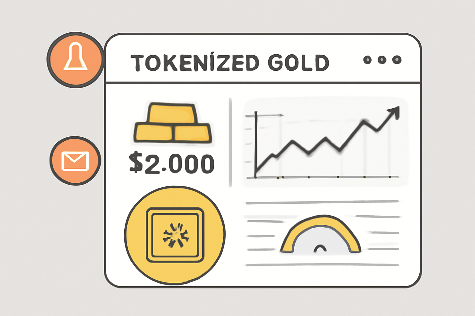 A digital dashboard showing tokenized gold holdings, price charts, and a secure vault icon, with notifications for updates