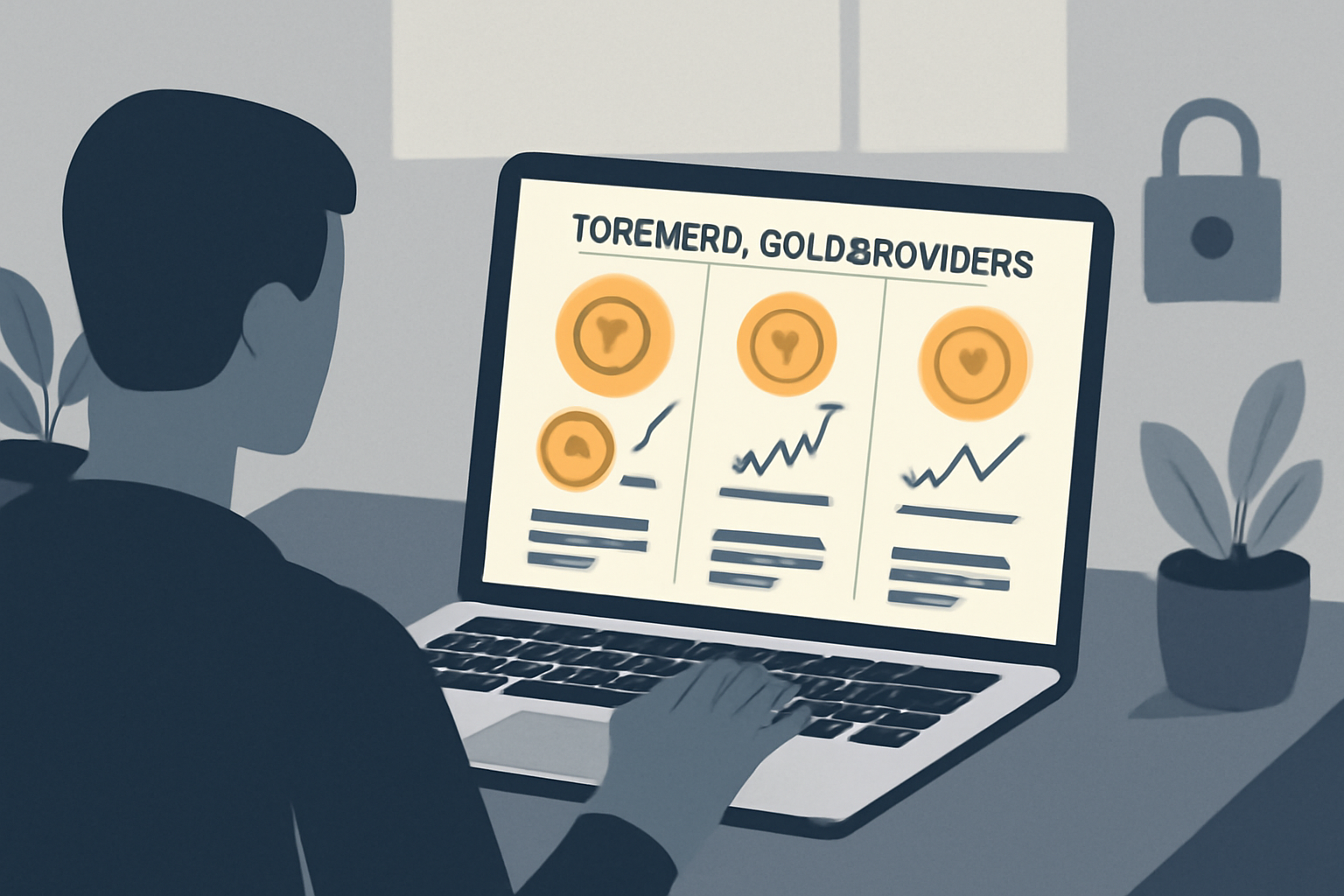 A person comparing tokenized gold providers on a laptop, with charts and gold tokens on screen, modern and secure atmosphere