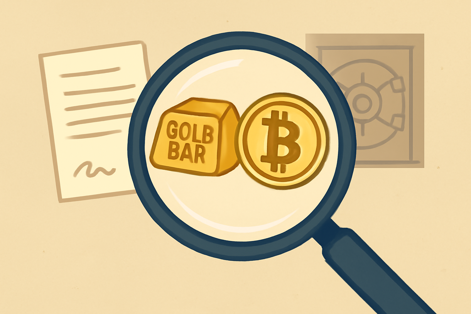 A magnifying glass examining a gold bar and a digital token, with legal documents and vault imagery in the background