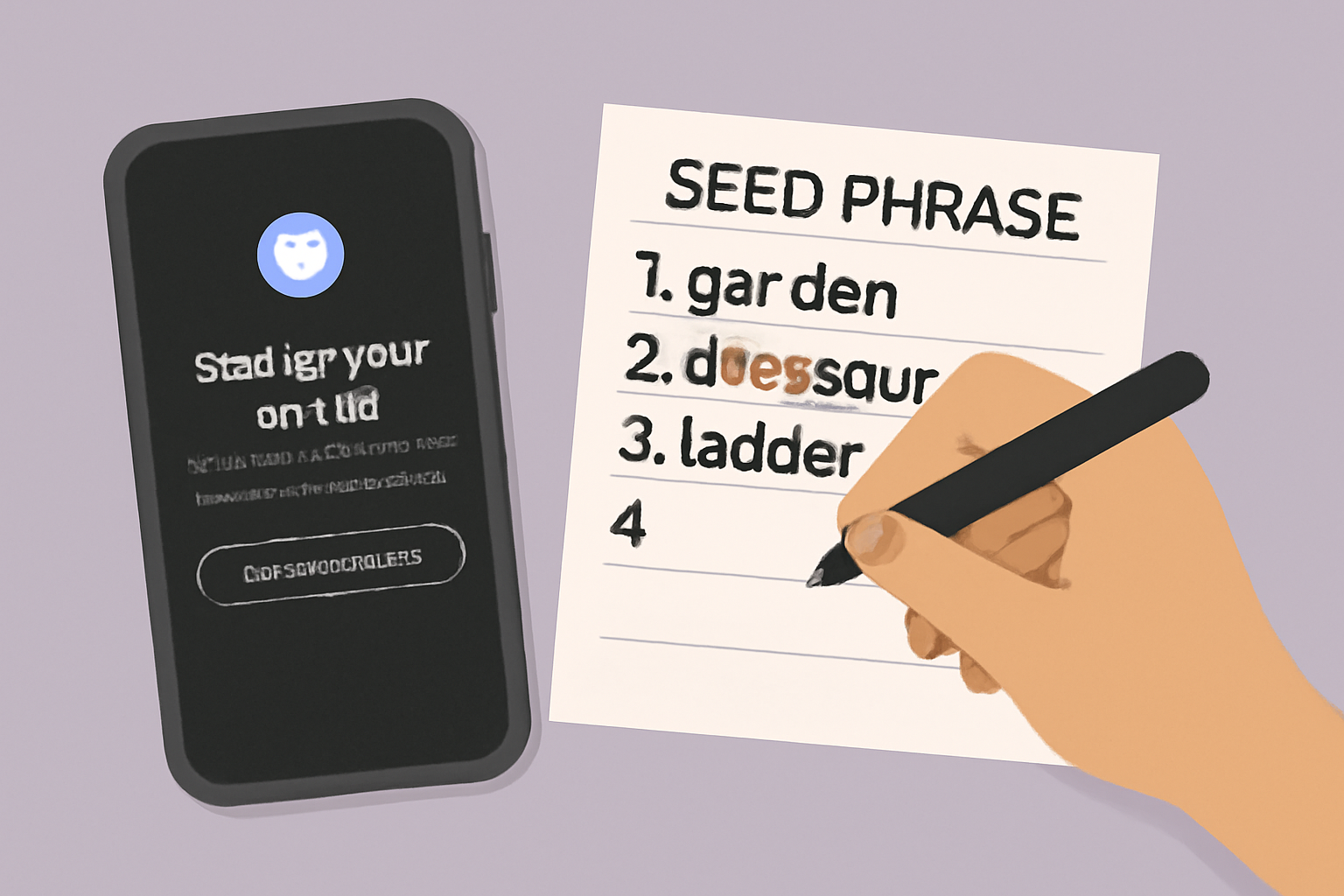A hand writing down a seed phrase on paper, with a smartphone showing the Phantom wallet setup screen, secure and private atmosphere