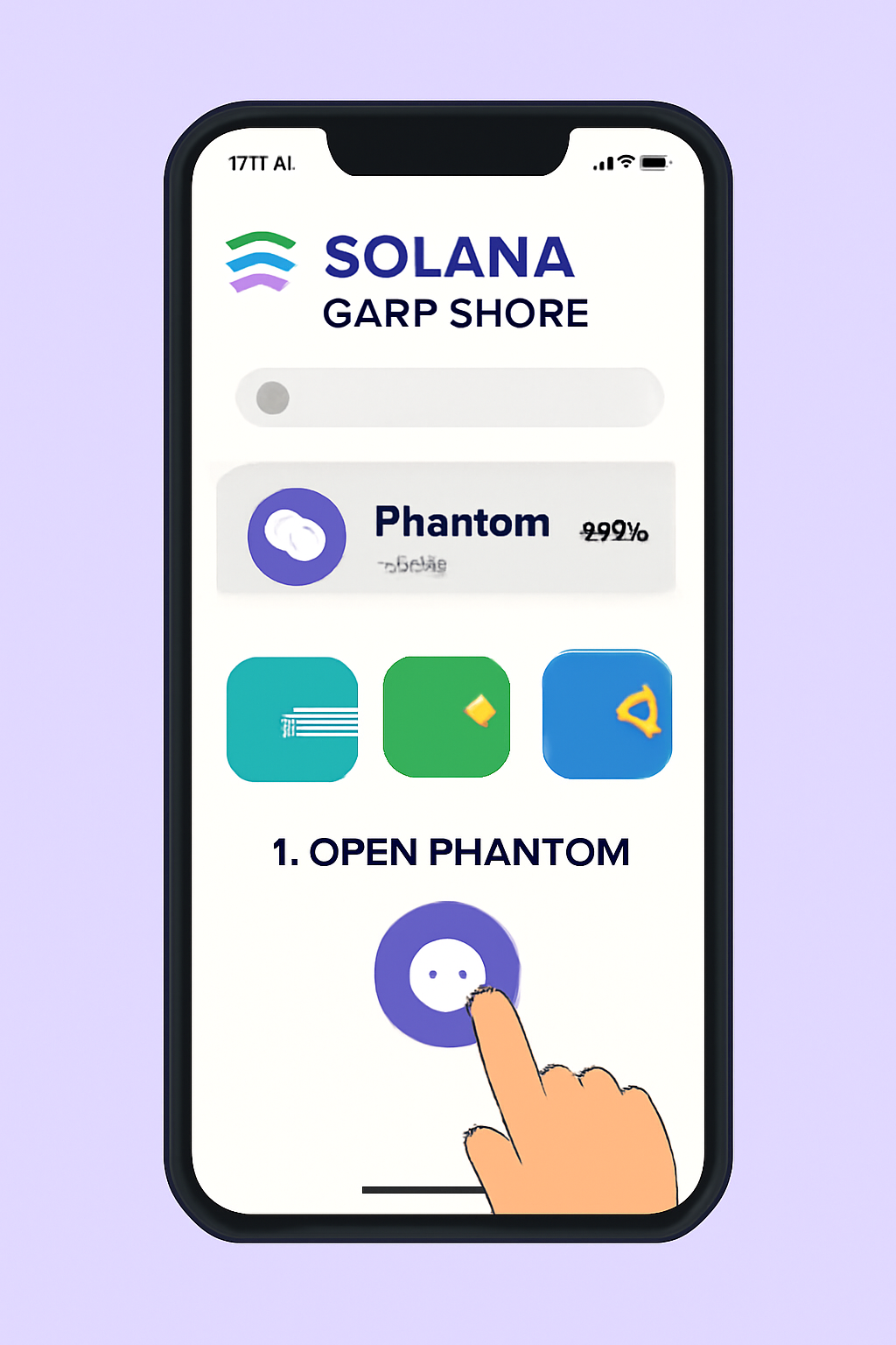 A modern smartphone displaying the Solana dApp Store with the Phantom wallet app highlighted, sleek interface, digital wallet icons, Solana branding