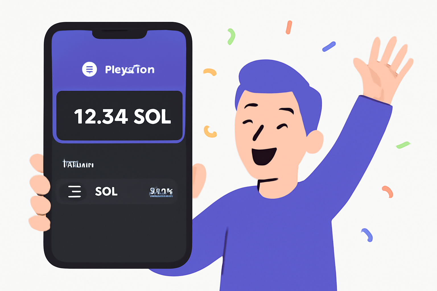 A smartphone showing the Phantom wallet home screen with a visible SOL balance, happy user, celebratory digital confetti