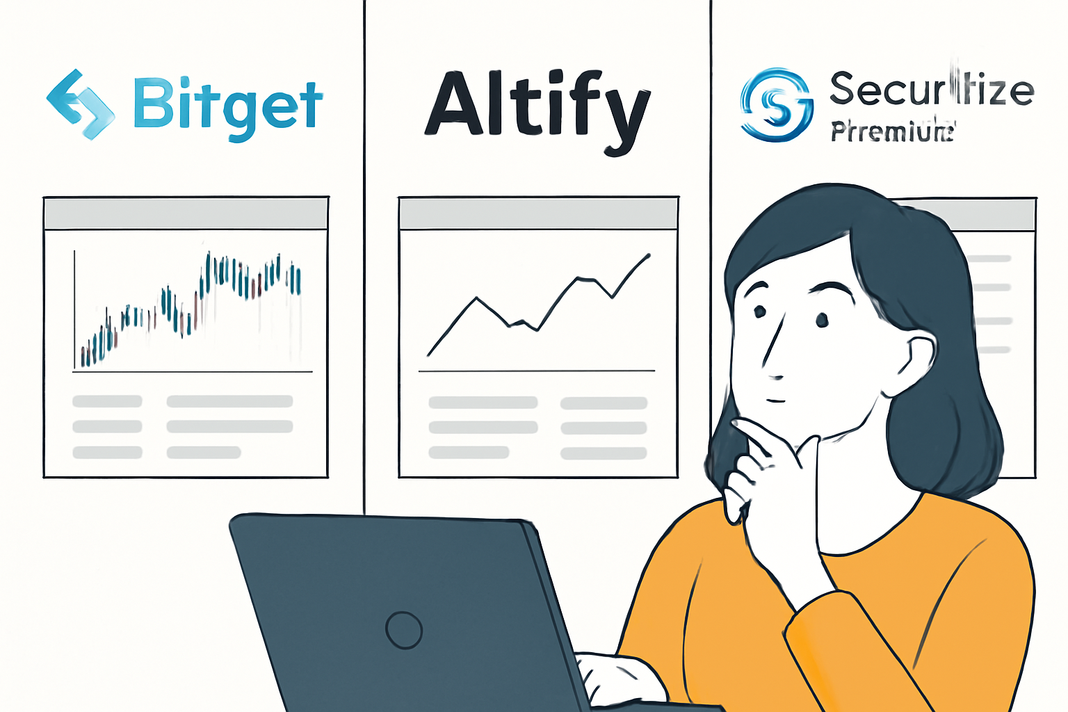 A split screen showing the logos and interfaces of Bitget, Altify, and Securitize Markets, with a thoughtful user comparing them.
