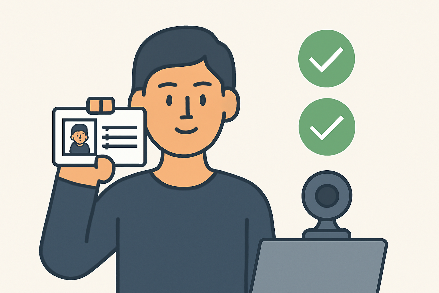 A person holding up an ID card to a webcam, with digital checkmarks indicating verification.