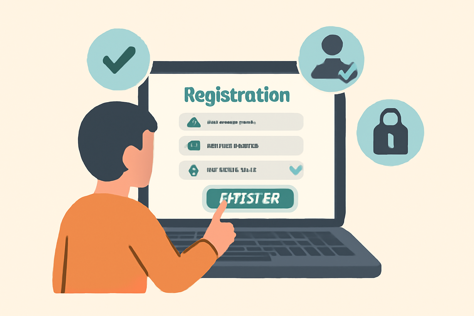 A user filling out an online registration form on a laptop, with verification icons and security symbols.