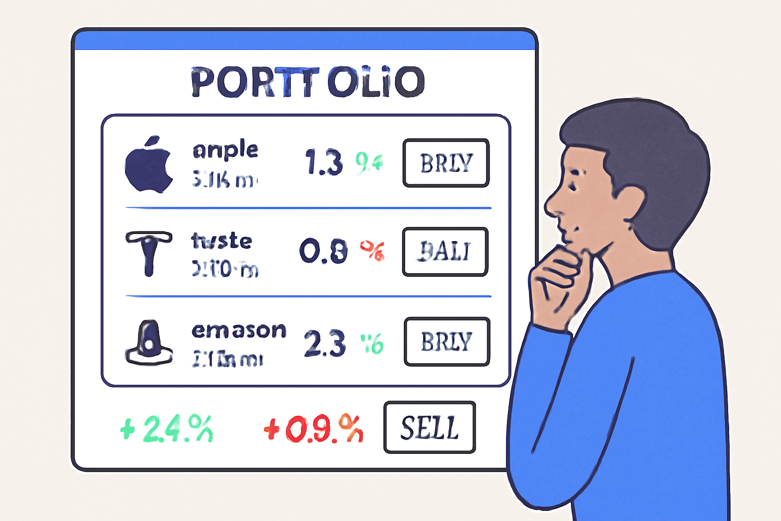 A portfolio screen showing tokenized stock balances, price changes, and options to buy or sell, with a user reviewing their investments.
