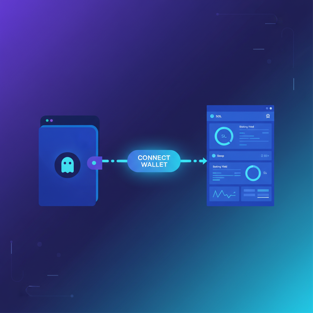Phantom wallet connecting to Solana DeFi dashboard, glowing blue UI, futuristic