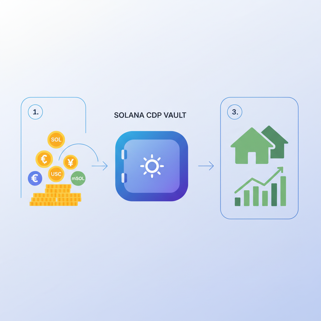 Depositing assets into Solana CDP vault, mortgage icons, green charts