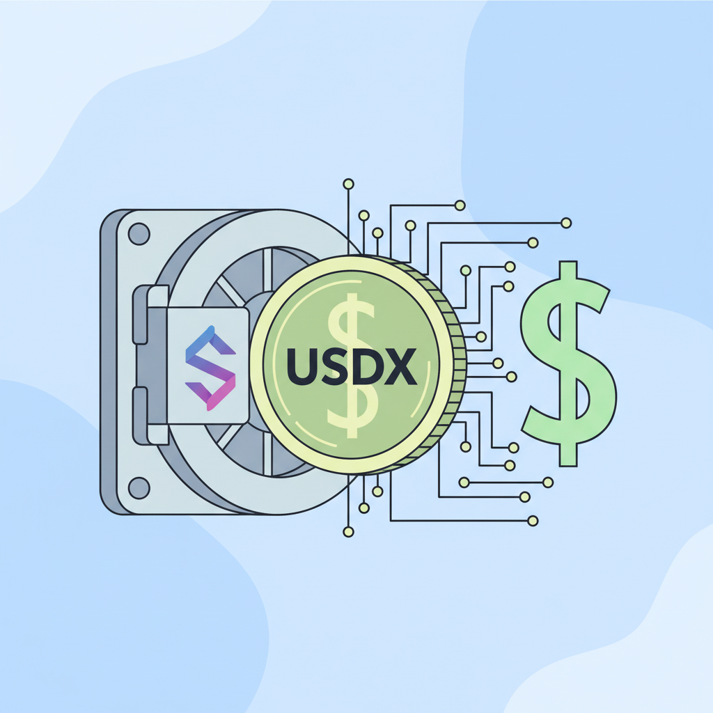 Minting USDX stablecoin on Solana, coin emerging from vault, dollar peg glow