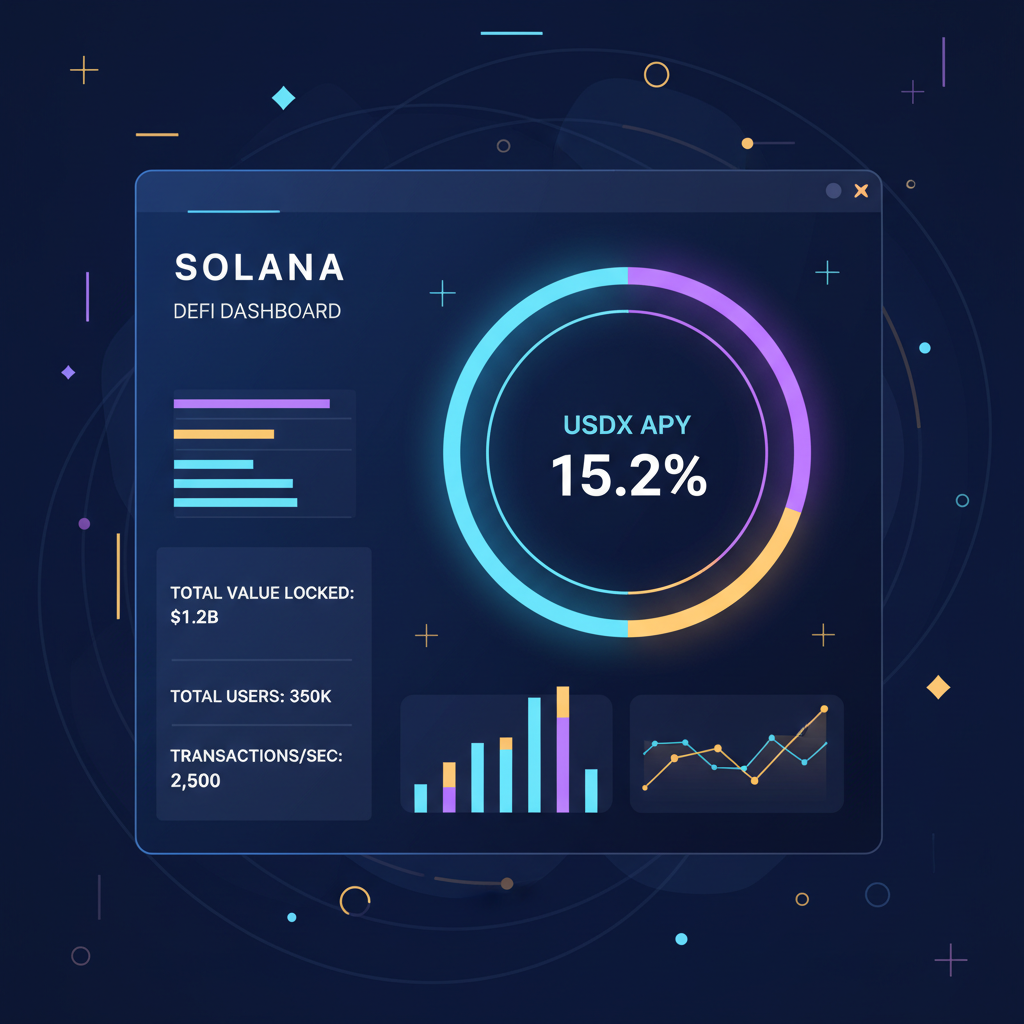 Solana DeFi dashboard monitoring USDX APY, charts and metrics glowing