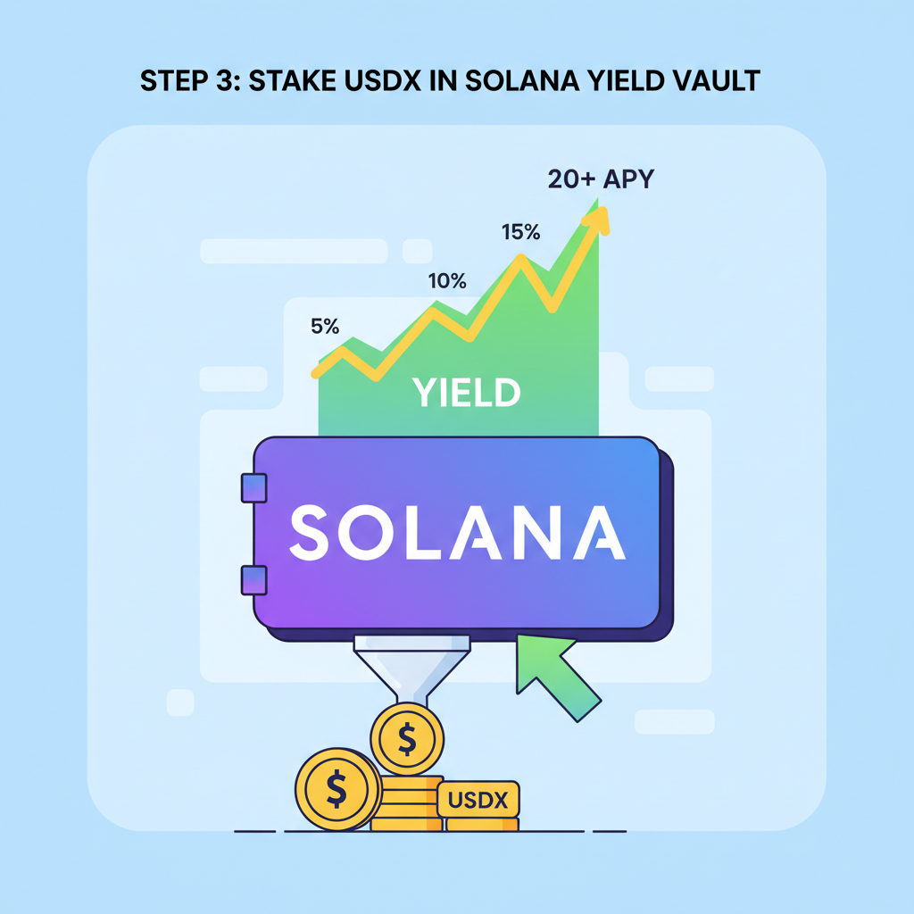 Staking USDX in Solana yield vault, rising yield graphs, golden coins