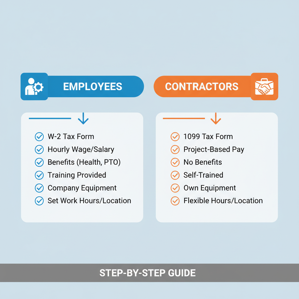 clean infographic classifying workers as employees vs contractors with checklists and icons