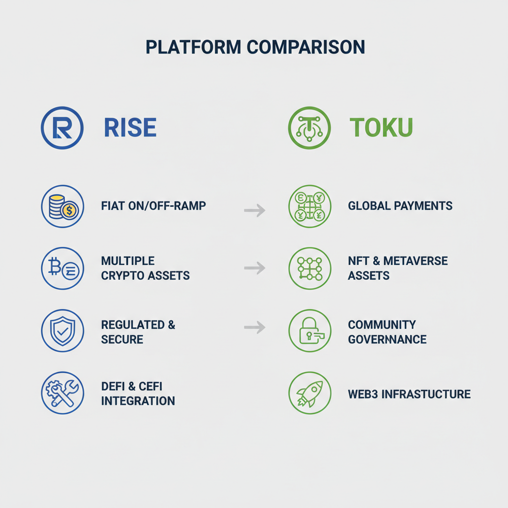 comparison chart of Rise and Toku platforms with logos, features like crypto fiat icons