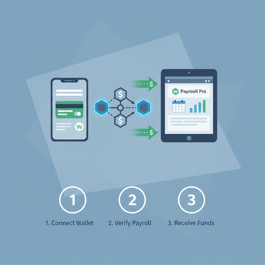 digital wallet connecting to payroll platform with blockchain links and money flow arrows