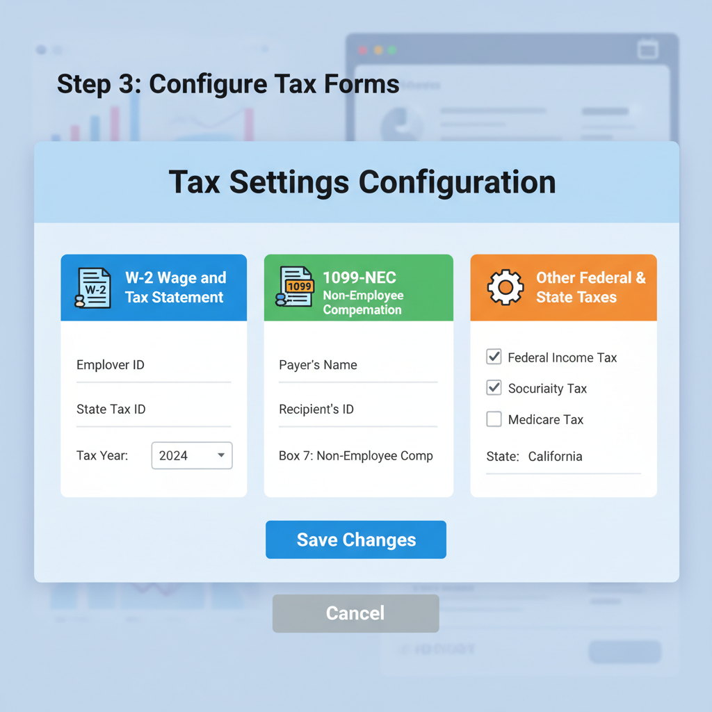 payroll dashboard screenshot configuring tax settings with forms W-2 1099 icons