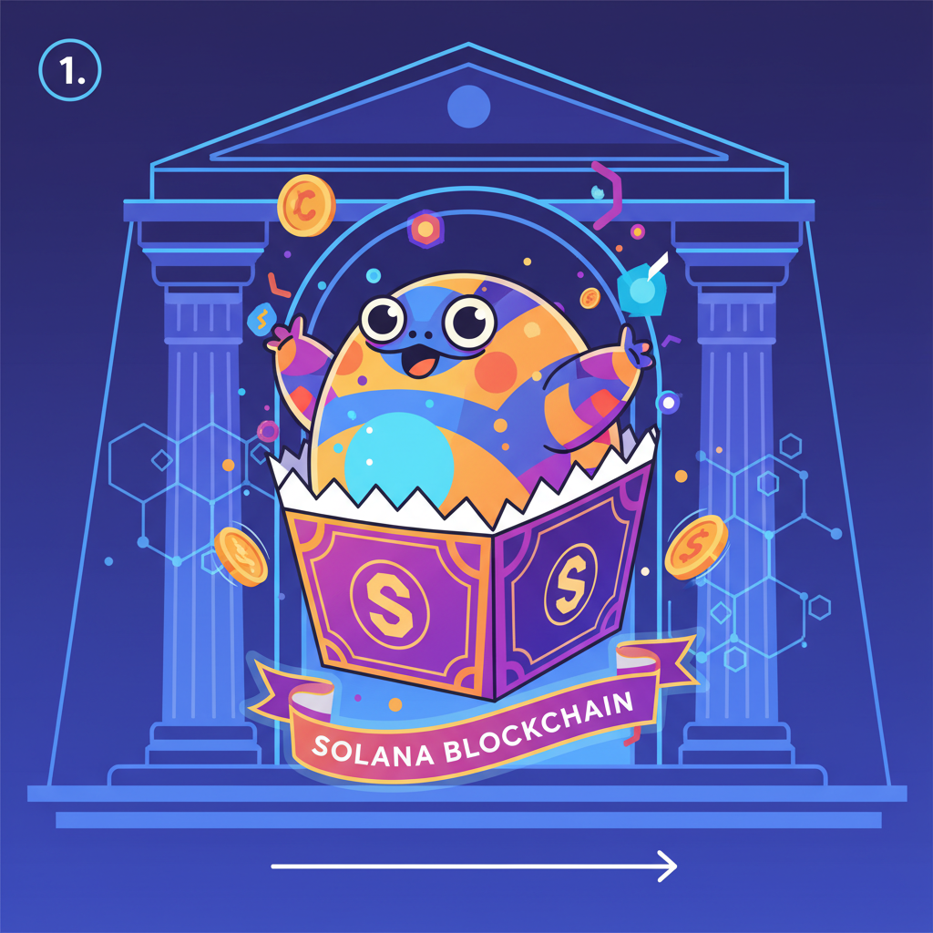 vibrant chonka nft character emerging from glowing pack, solana blockchain theme, mystical temple background