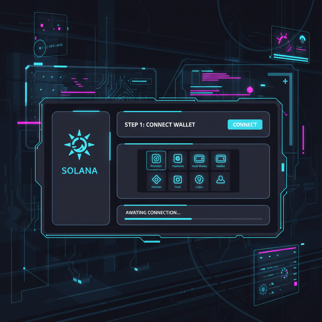 sleek solana wallet connection interface on futuristic gaming dashboard, neon blue accents, cyberpunk style