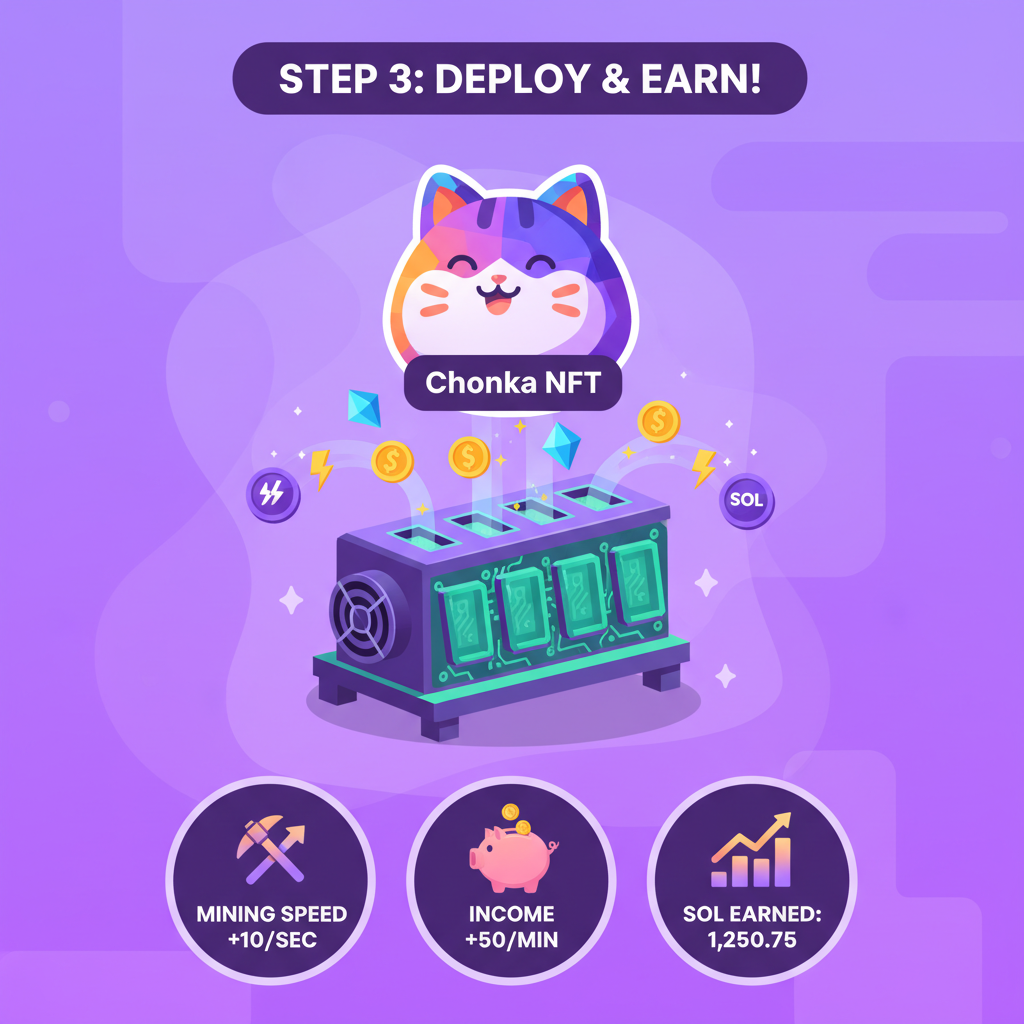 chonka nft deploying into mining rig, glowing resources flowing, idle game mechanics, solana purple hues