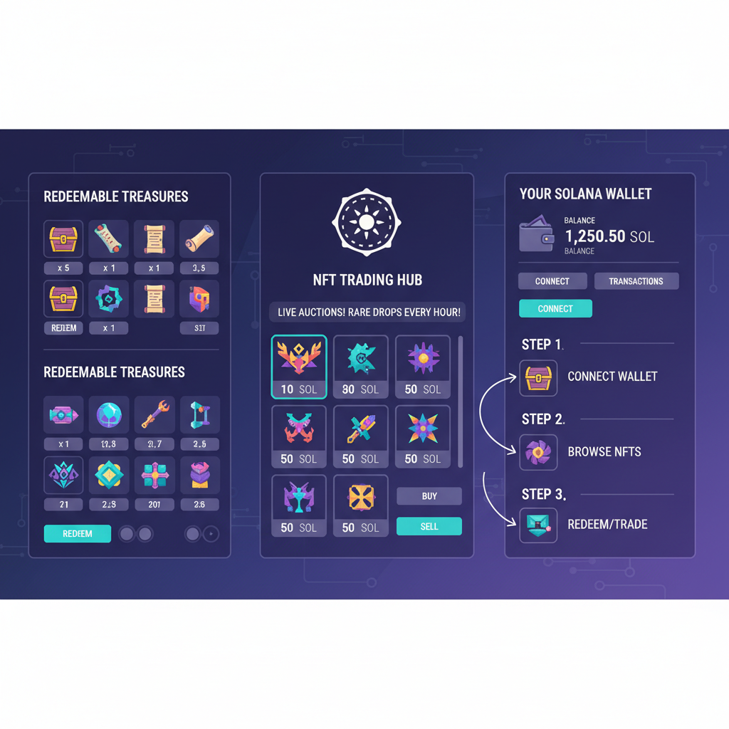 bustling artifact shop interface with redeemable treasures, nft trading scene, luxurious solana vibe