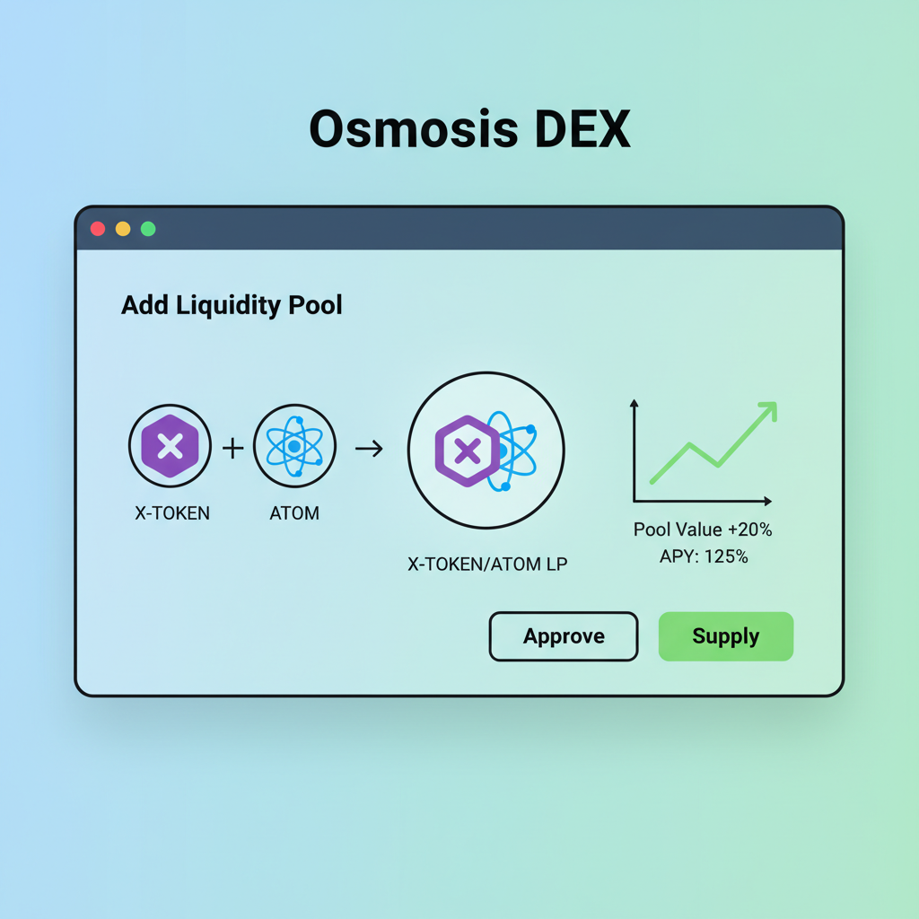 Osmosis DEX adding liquidity pool with custom token and ATOM, charts rising