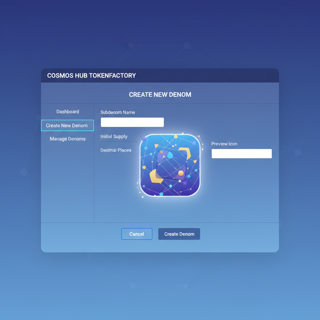 Cosmos Hub Tokenfactory module UI creating new denom, glowing token icon emerging