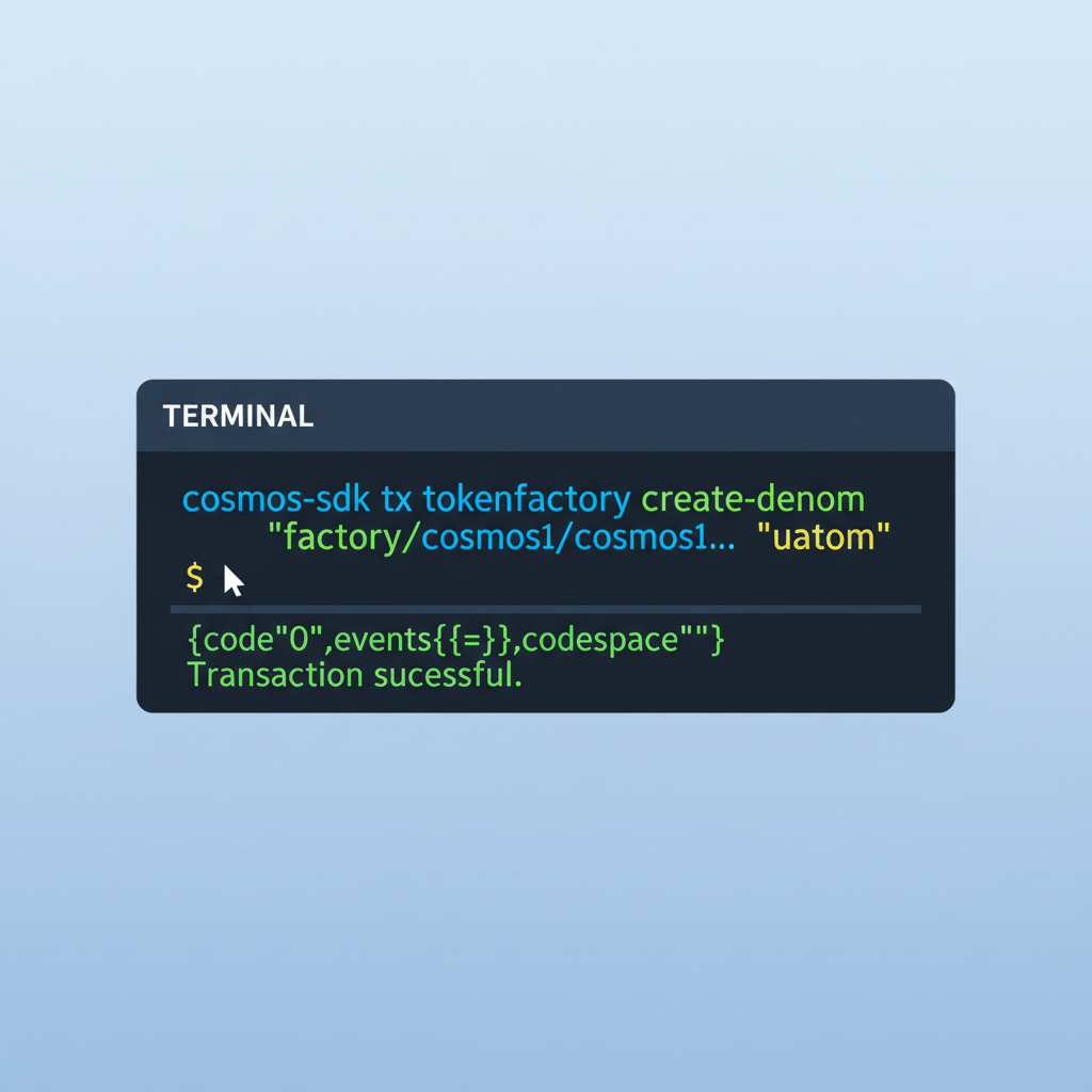 terminal window running cosmos CLI command to create tokenfactory denom, code syntax highlight, success message