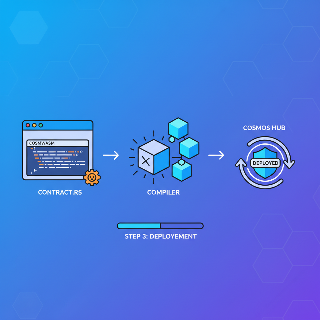 deploying CosmWasm contract on Cosmos Hub, code compiling to blockchain, smart contract icon