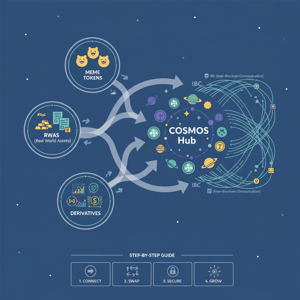 ecosystem montage Cosmos Hub with meme tokens, RWAs, derivatives flowing via IBC