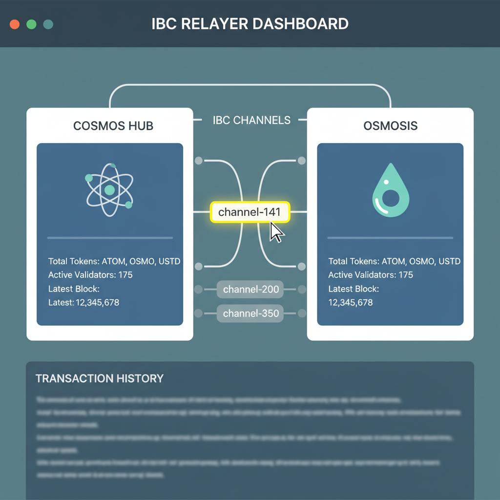 block explorer UI showing IBC channels between Cosmos Hub and Osmosis, highlighted channel ID