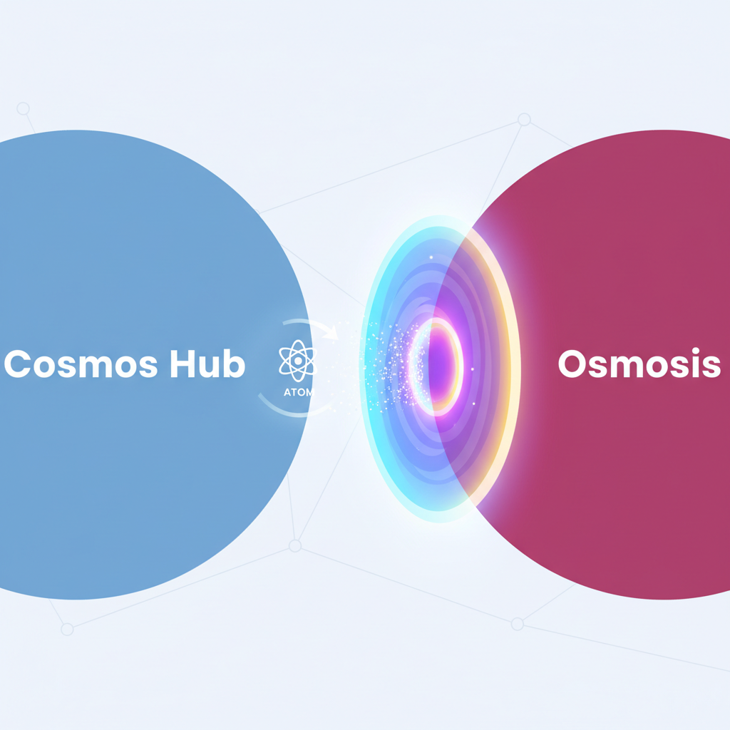 IBC transfer animation, tokens bridging from Cosmos Hub to Osmosis chain, glowing portal effect