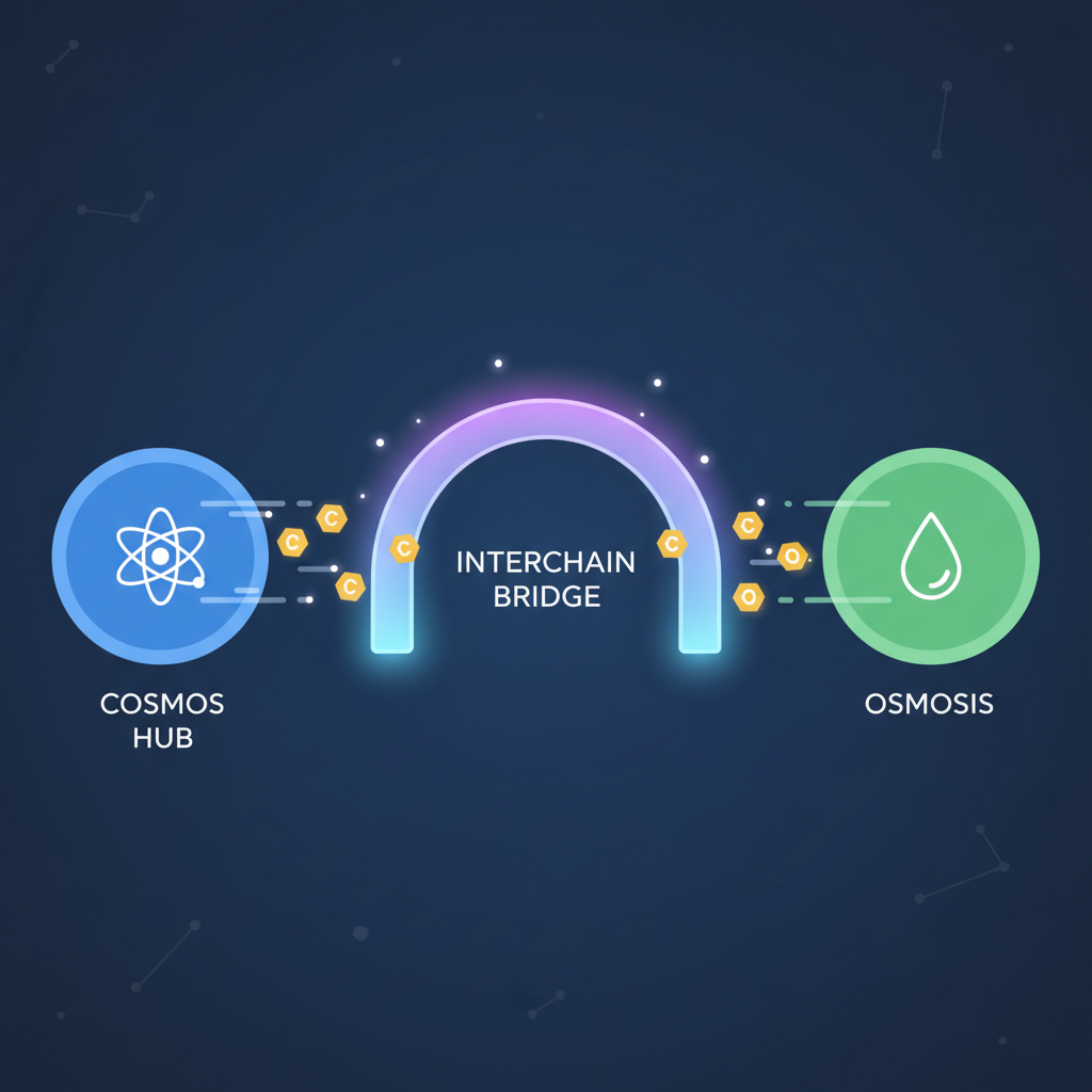 IBC transfer animation tokens flying from Cosmos Hub to Osmosis, interchain bridge glow