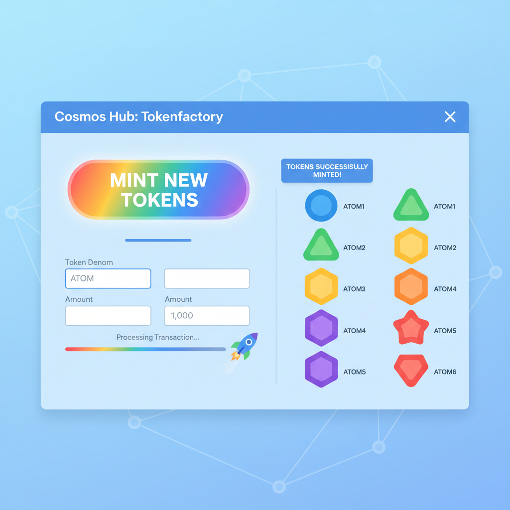 minting colorful tokens from Tokenfactory on Cosmos Hub dashboard, tokens stacking up