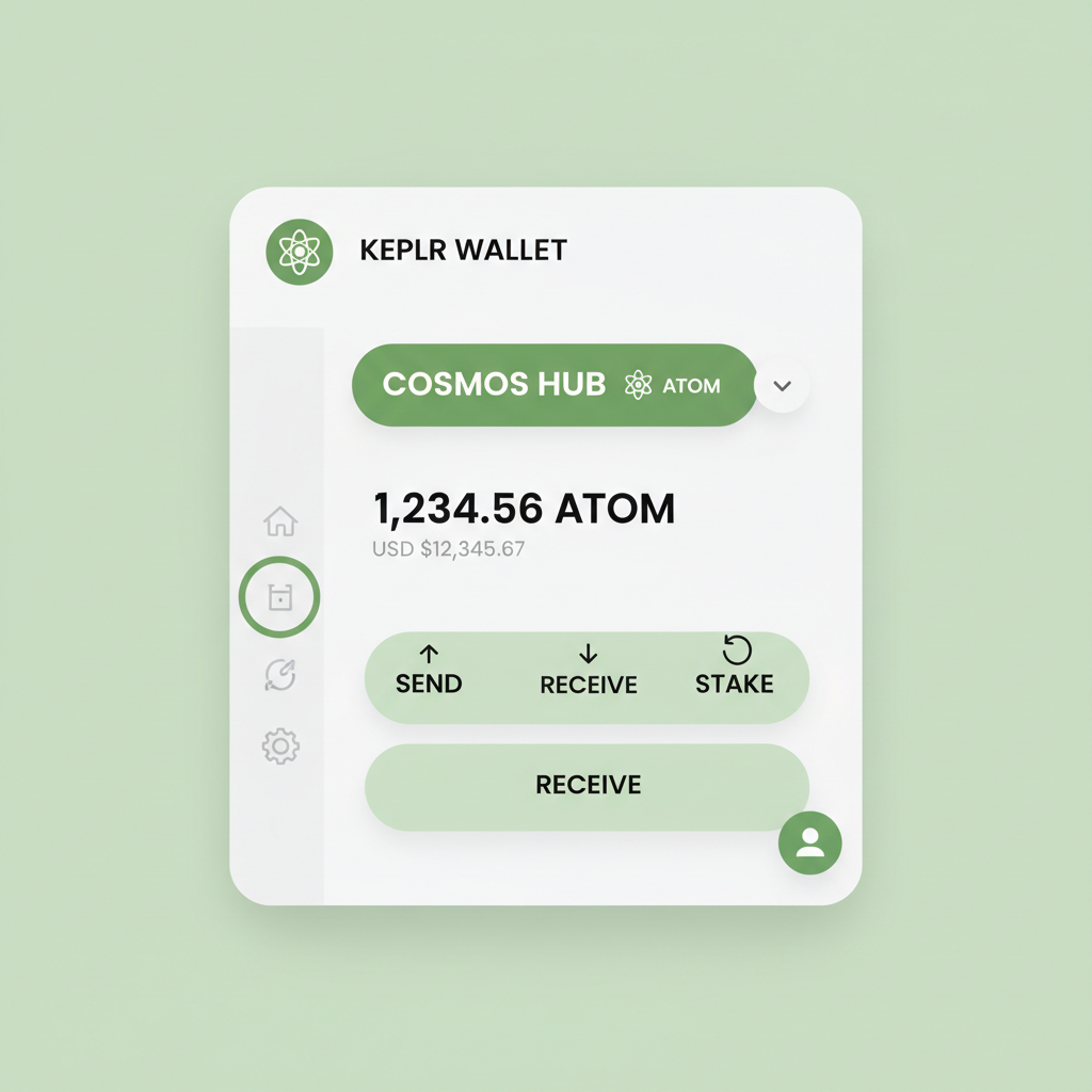 clean crypto wallet interface with Cosmos Hub network selected, Keplr style, modern UI, green accents