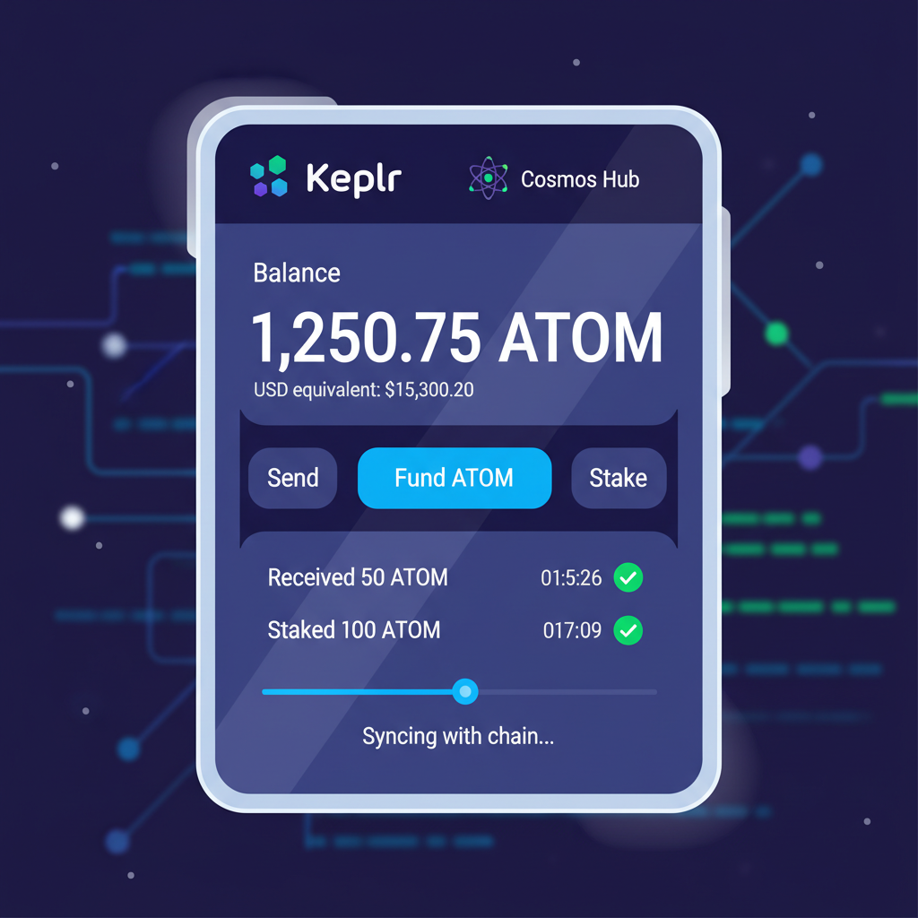 sleek Keplr wallet interface on Cosmos Hub chain, funding ATOM balance, futuristic UI