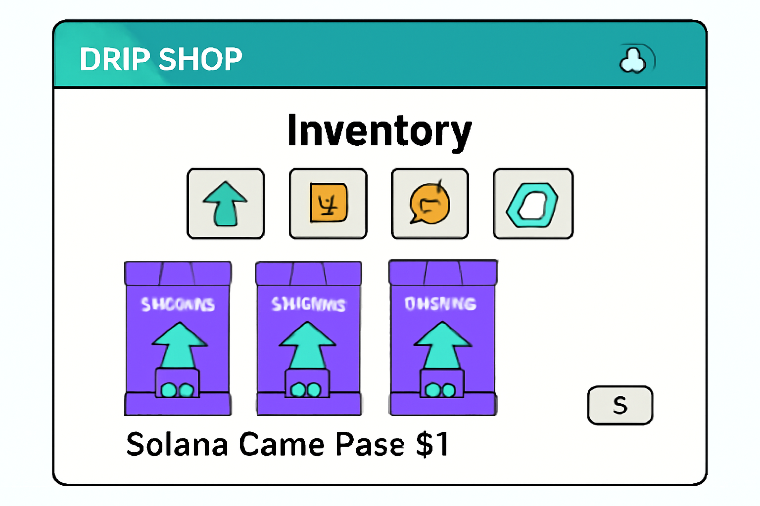 User inventory screen on DRIP SHOP showing Solana Game Pass S1 NFT packs, card icons