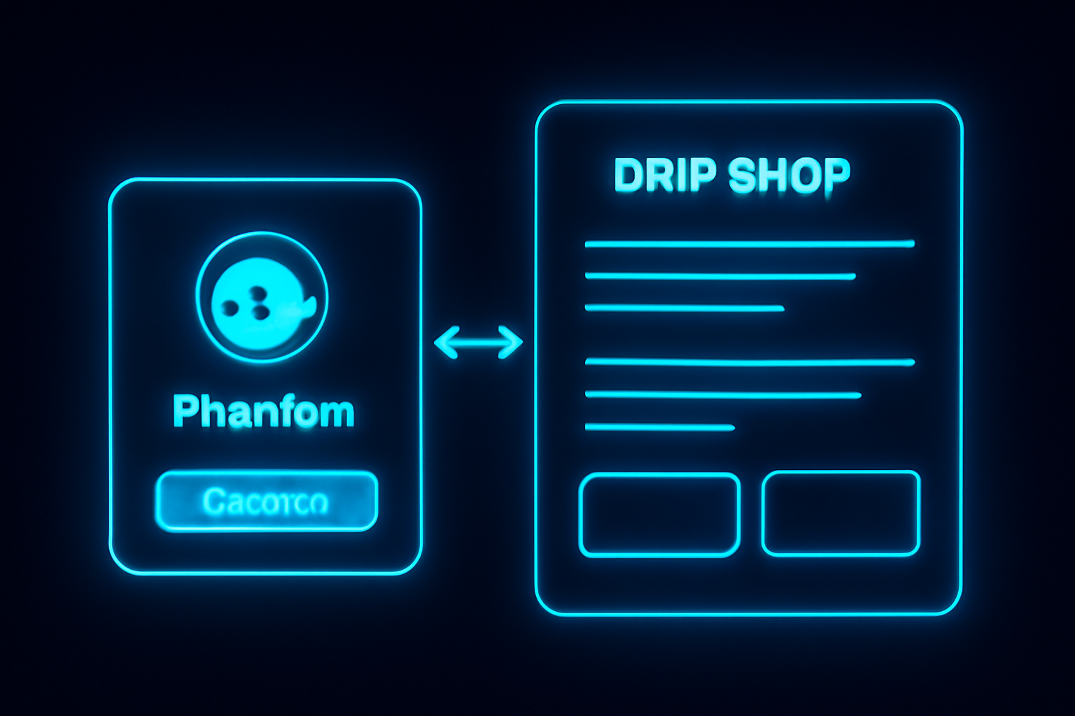 Solana wallet Phantom connecting to DRIP SHOP dashboard, neon blue UI, futuristic