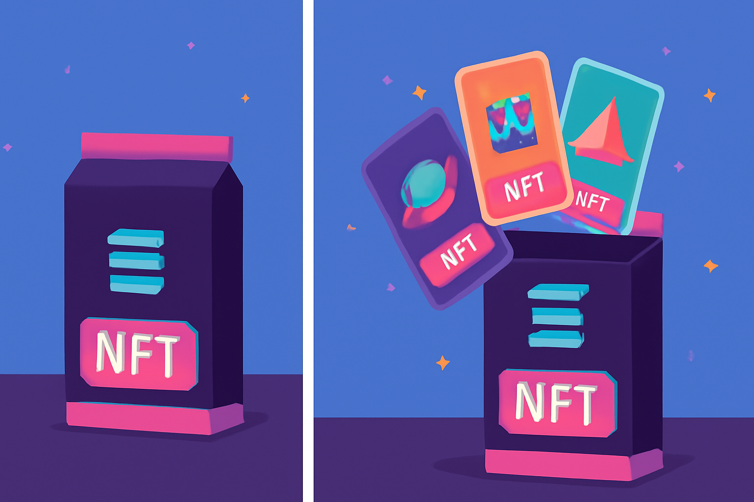 Batch reveal animation of opening Solana NFT card packs, cards flying out, vibrant colors