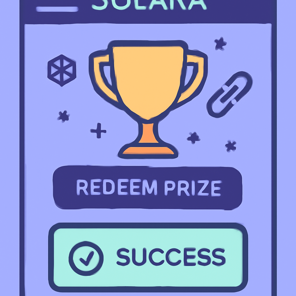 Redeeming prize on Solana game dashboard, success screen, trophy icons, blockchain style