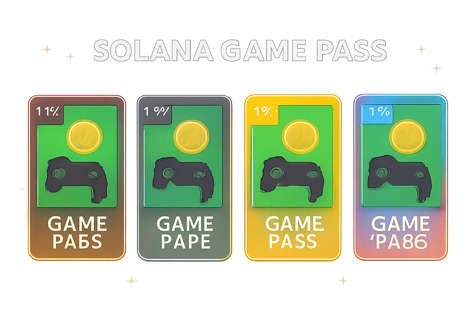 Revealed rare Solana Game Pass cards with rarity badges, glowing effects, collection display