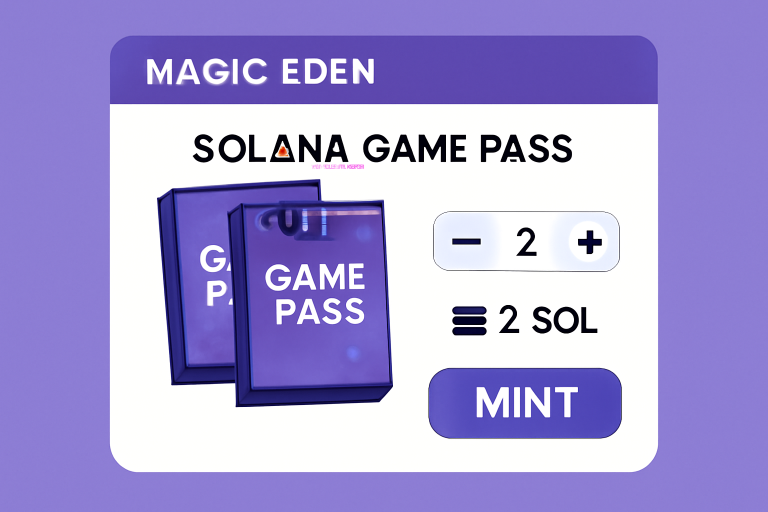 Magic Eden mint interface selecting 2 Solana Game Pass packs