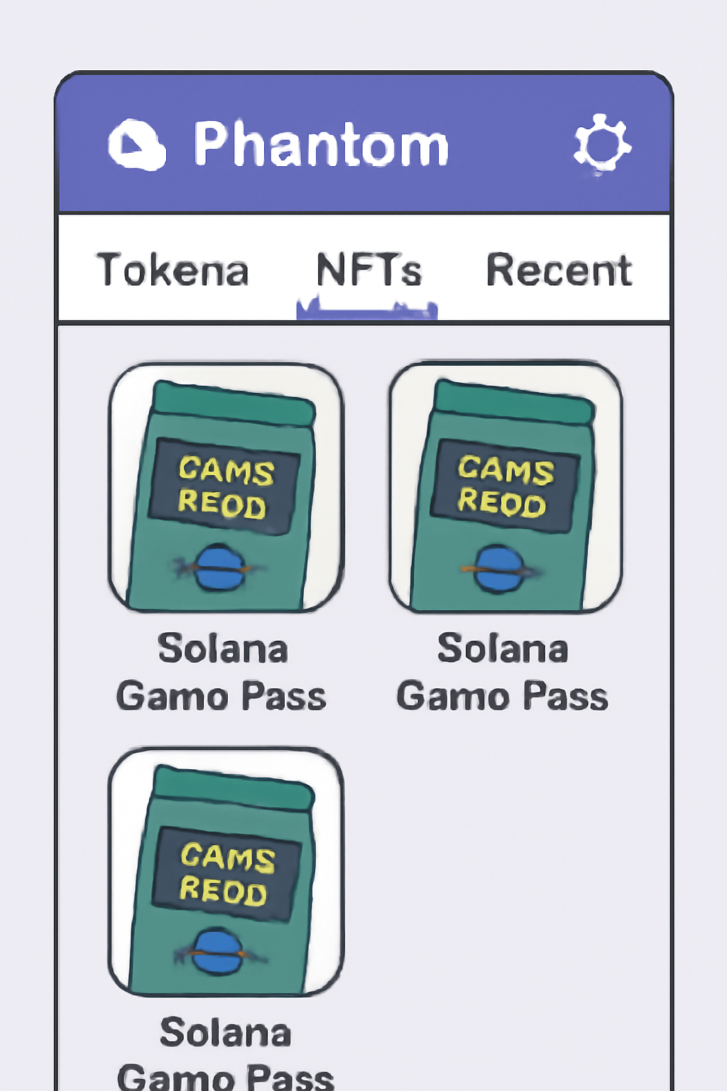 Phantom wallet NFT tab showing minted Solana Game Pass packs
