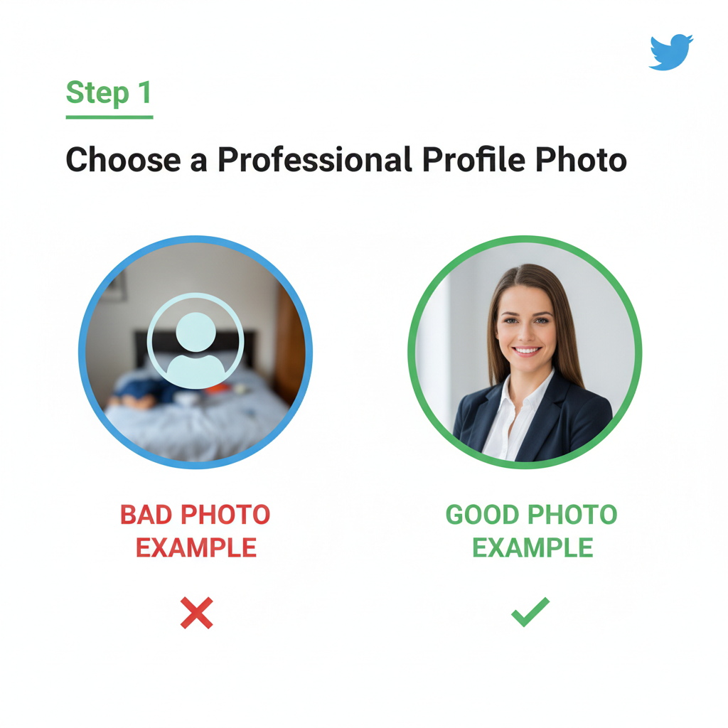 clean Twitter profile setup with professional photo, header, bio example