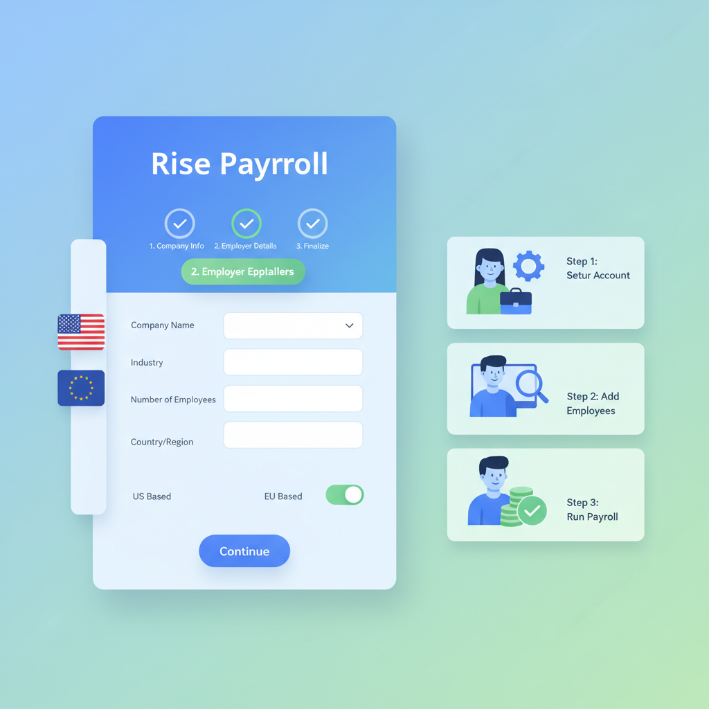 modern employer dashboard signup screen on Rise payroll platform, clean UI, US flag and EU icons, blue and green tones