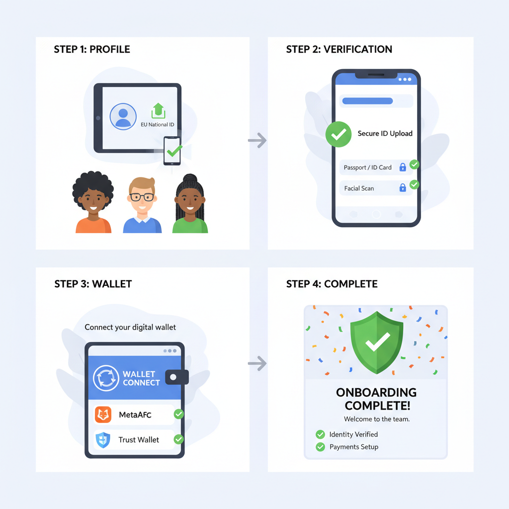 step-by-step contractor onboarding interface, diverse EU worker uploading ID, wallet connect icon, secure checkmarks