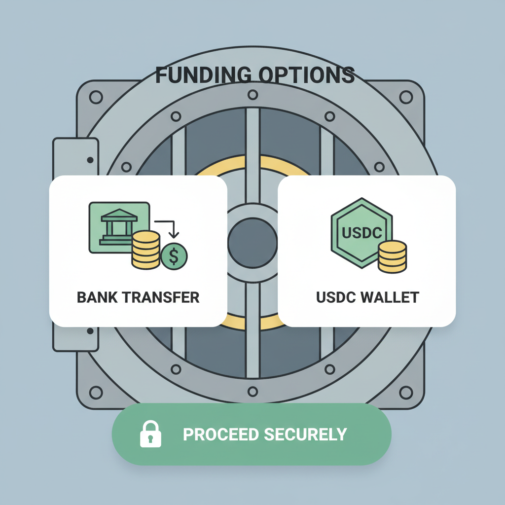 funding options screen showing bank transfer and USDC wallet icons, dollar and coin symbols, secure vault background