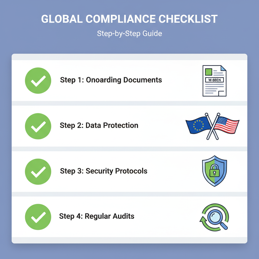 compliance checklist dashboard with green checks, W-8BEN form, EU and US flags, shield security icons