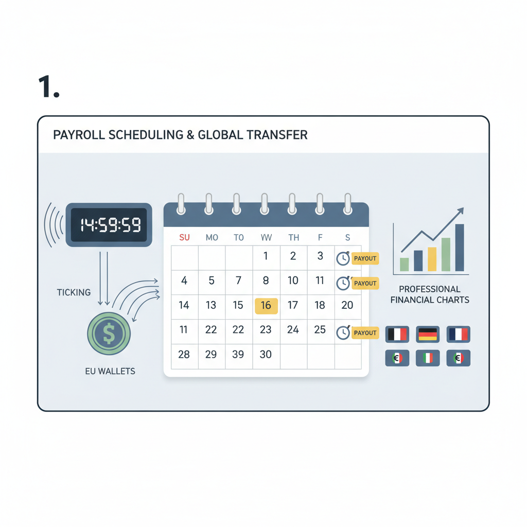 payroll scheduling calendar interface, clock ticking, USDC transfer arrows to EU wallets, professional charts
